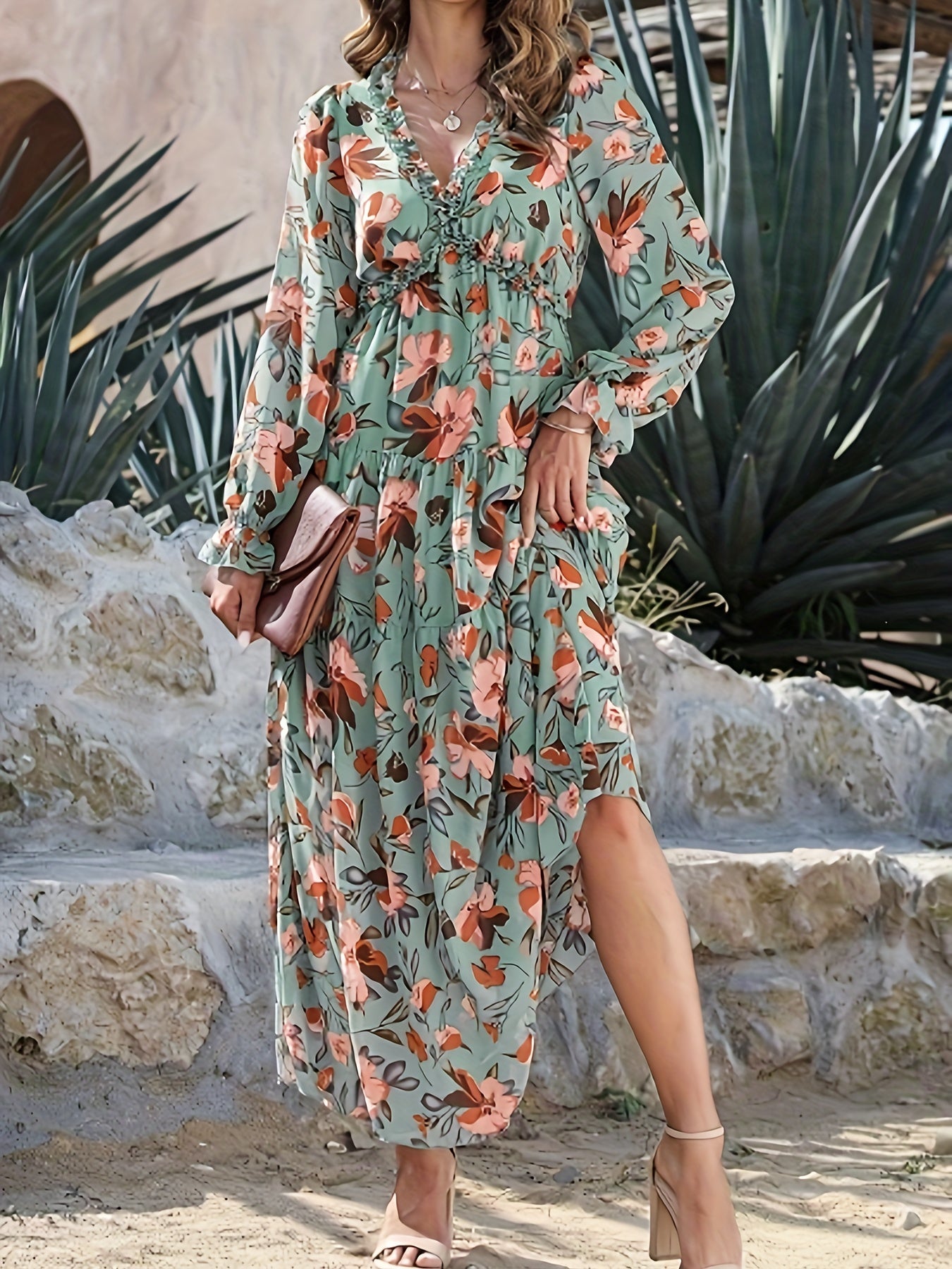 Romantic Floral Print Maxi Dress - Flowy Pleats & Modest V-Neck - Versatile Long Sleeves for Vacation Style - Womens Clothing