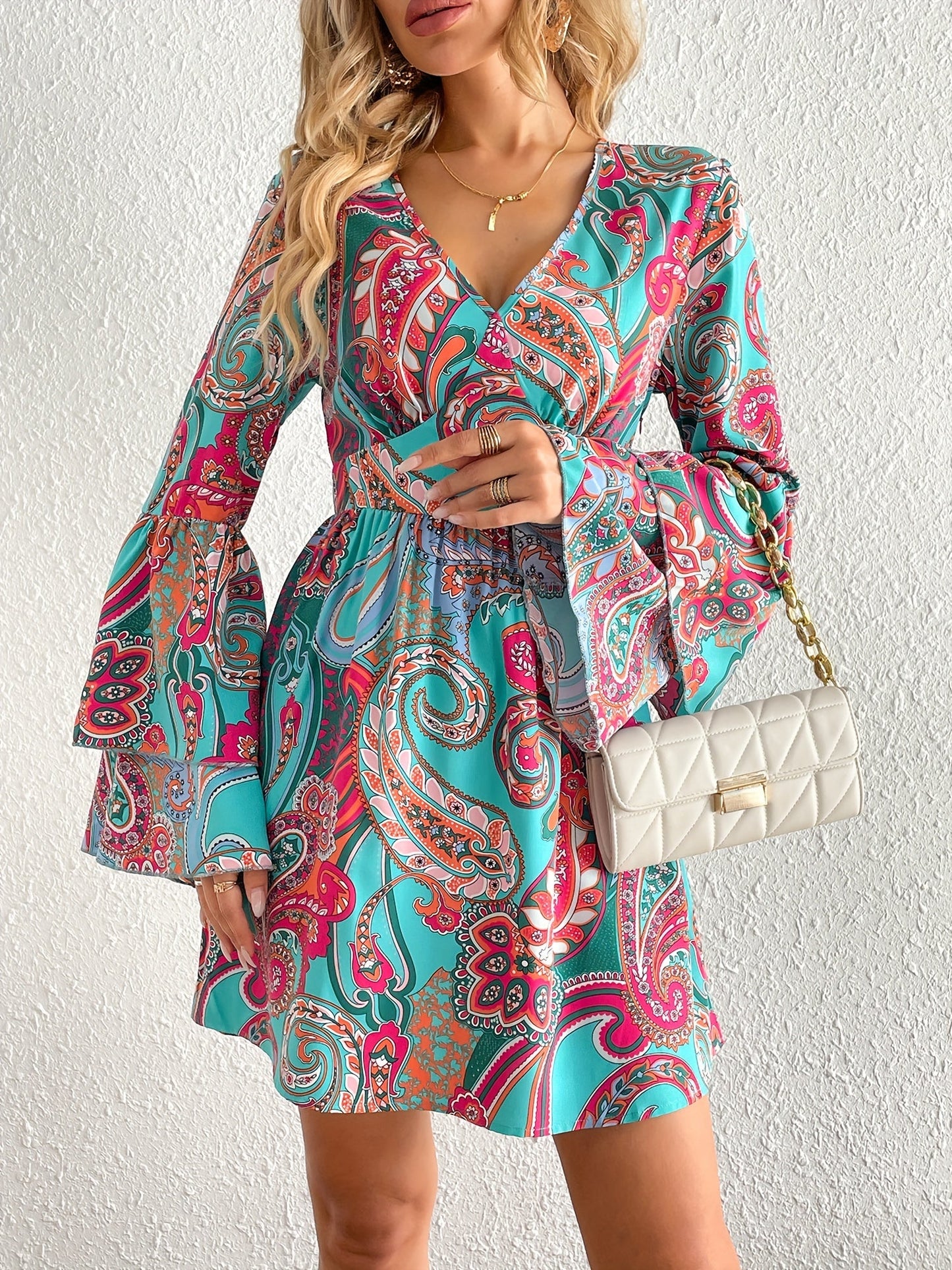 Boho-Inspired All-Season Midi Dress - Unique Floral Paisley, Durable & Easy-Care, Perfect for Every Occasion