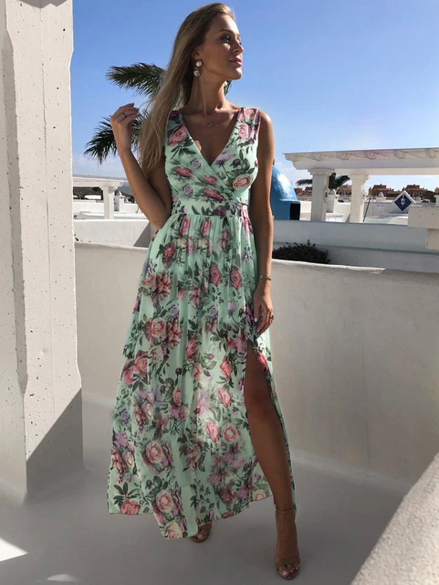 lovwvol Summer Chiffon Long Dress Women Elegant Ladies Fashion Print Boho Beach Midi Dresses For Woman Sexy Split Maxi Vestidos