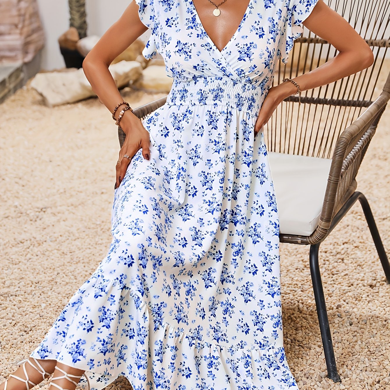 Flirty Floral Print Maxi Dress - Flattering Shirred Waist, Delicate Ruffle Trim, Alluring Surplice Neckline - Timeless Elegant Style for Women