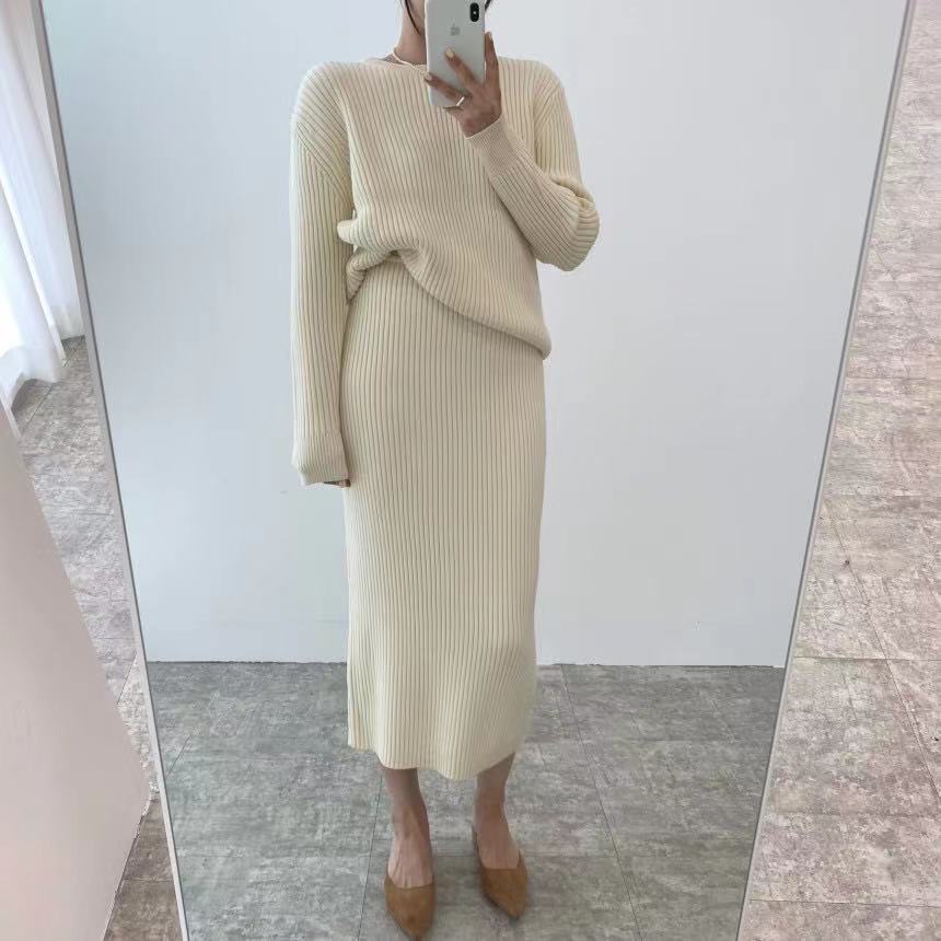 mvrsgreen alt black girl  going out Winter 2 Piece Dress Set Women Elegant Knitted Suits Sweater Korean Style Solid Pullover + Casual Midi Dress Tracksuits