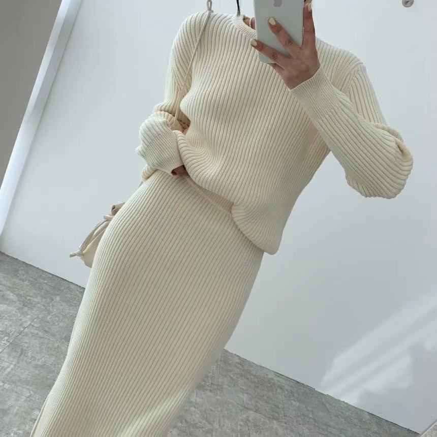 mvrsgreen alt black girl  going out Winter 2 Piece Dress Set Women Elegant Knitted Suits Sweater Korean Style Solid Pullover + Casual Midi Dress Tracksuits