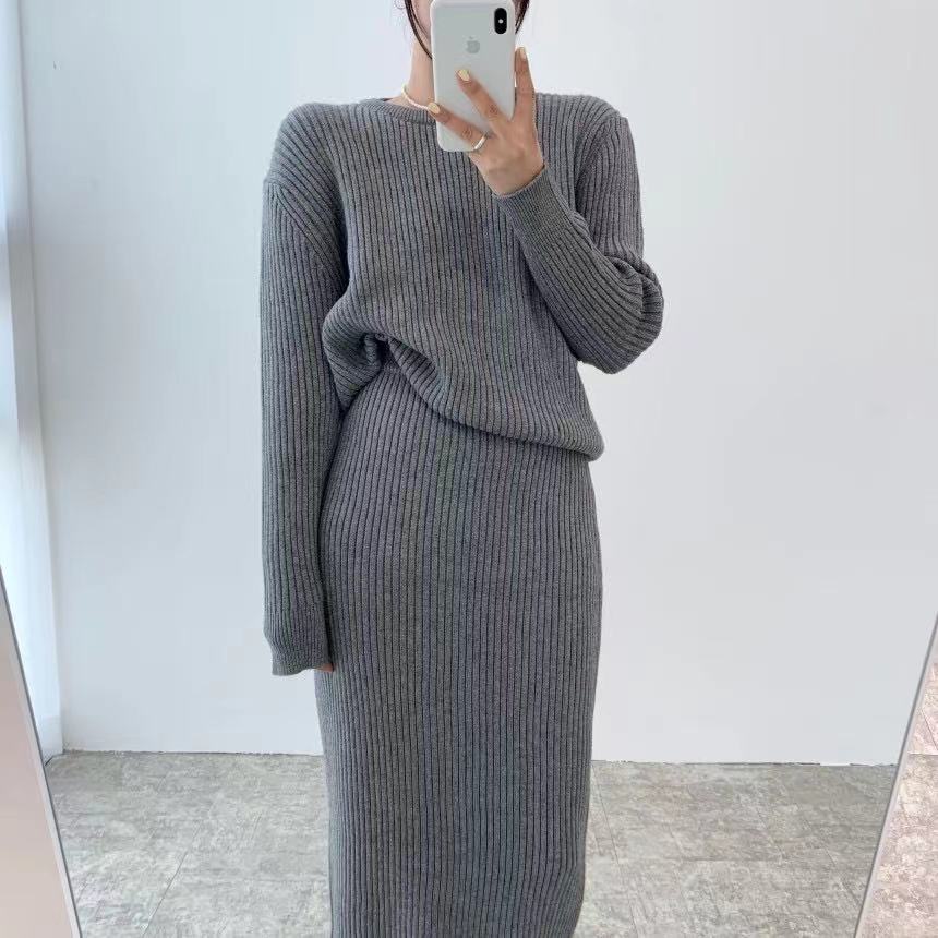 mvrsgreen alt black girl  going out Winter 2 Piece Dress Set Women Elegant Knitted Suits Sweater Korean Style Solid Pullover + Casual Midi Dress Tracksuits