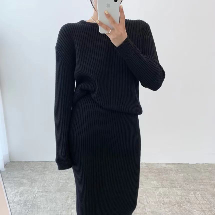 mvrsgreen alt black girl  going out Winter 2 Piece Dress Set Women Elegant Knitted Suits Sweater Korean Style Solid Pullover + Casual Midi Dress Tracksuits