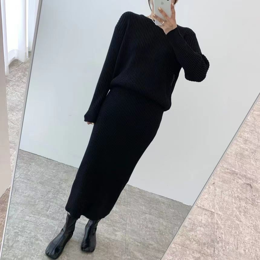 mvrsgreen alt black girl  going out Winter 2 Piece Dress Set Women Elegant Knitted Suits Sweater Korean Style Solid Pullover + Casual Midi Dress Tracksuits