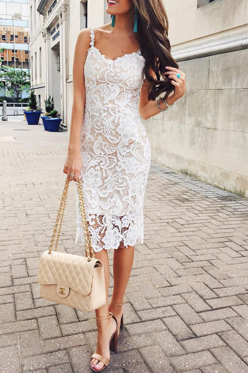 Sexy Solid Lace Spaghetti Strap Lace Dress Dresses