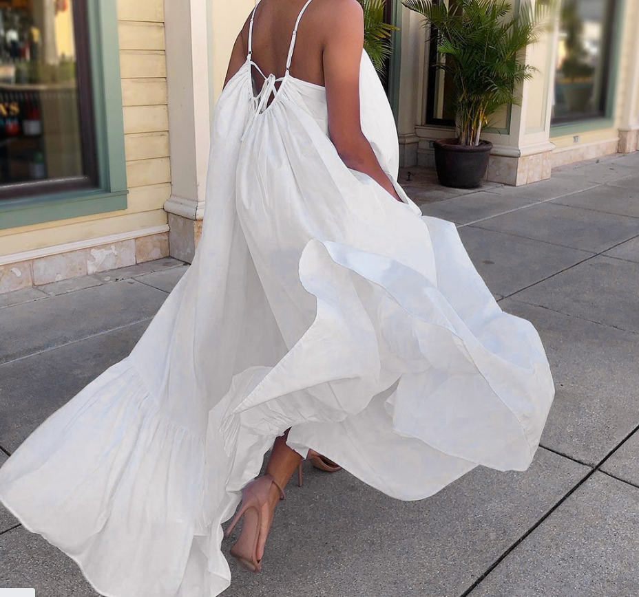 lovwvol Women Camisole Oversized Fashion Casual Solid Maxi Dresses Strap Dress Pocket Loose Backless Big Swing Solid Floor-length Robe