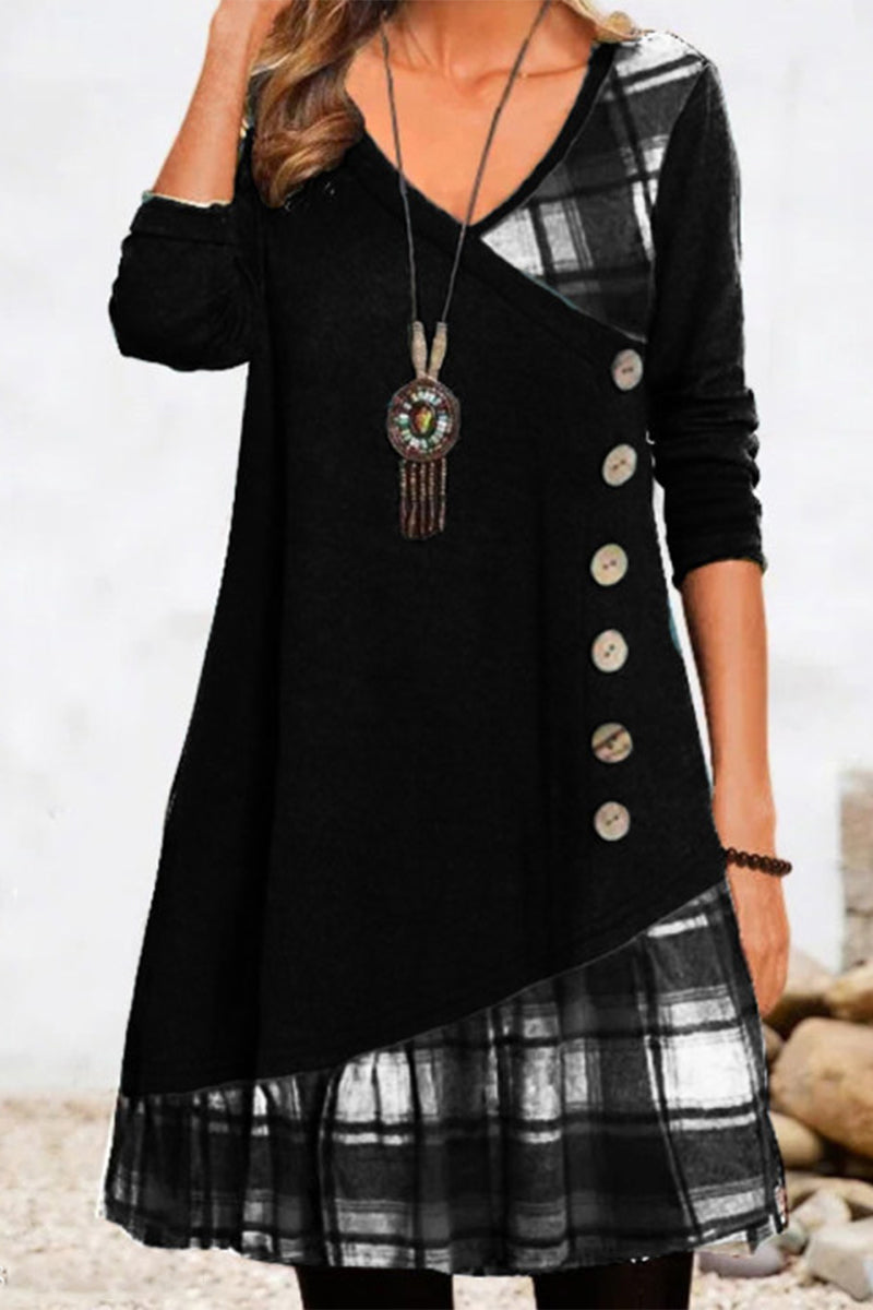 Casual Plaid Patchwork Buttons V Neck A Line Dresses