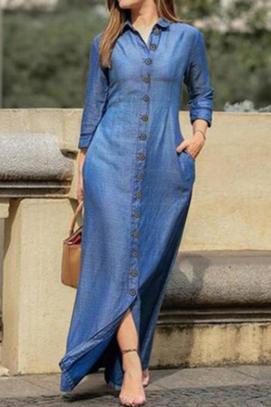 Elegant Solid Buckle Turndown Collar Long Sleeve Loose Denim Dresses(3 Colors)