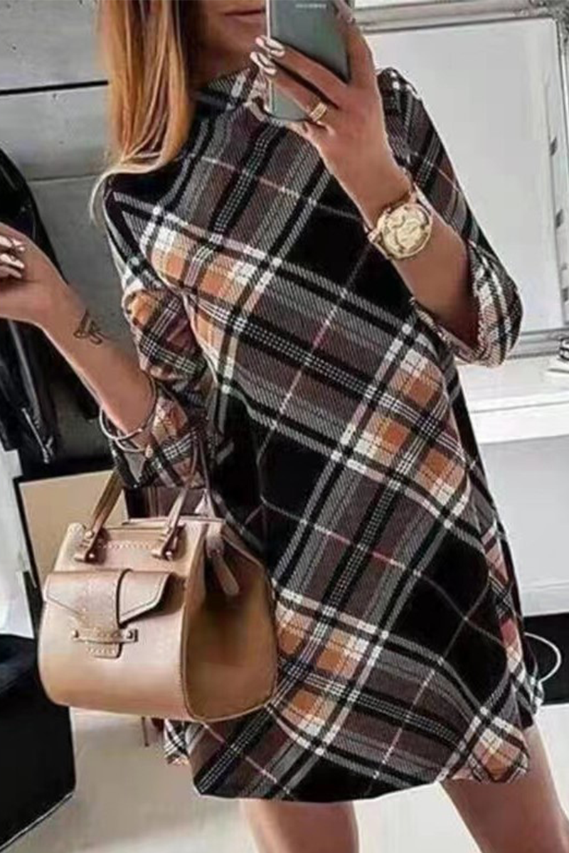 Street Plaid Half A Turtleneck Straight Dresses(3 Colors)