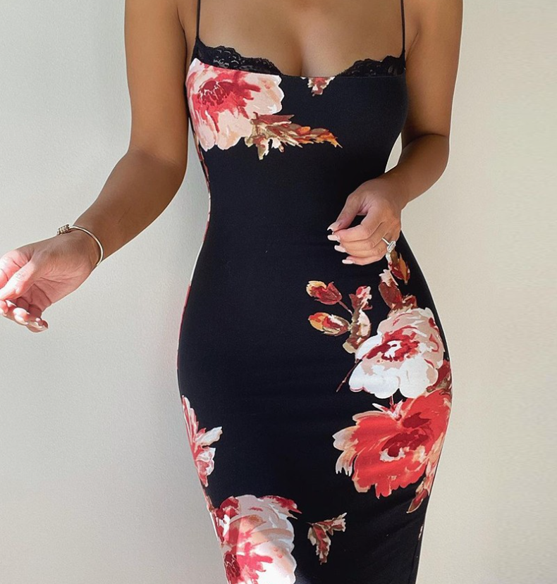 Sexy Spaghetti Strap Female Party Dress Summer Sleeveless V Neck Lace Patchwork Dress Women Floral Print Sheath Backless Dress