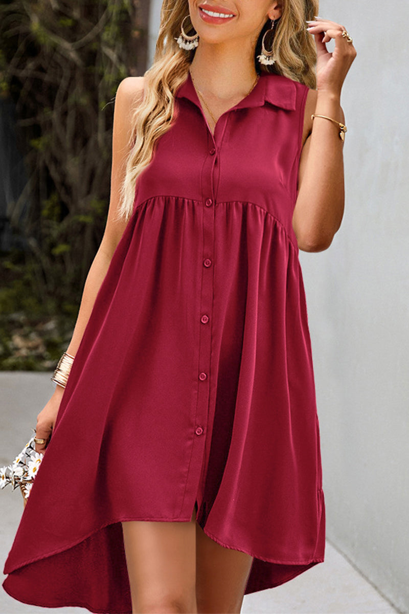 Casual Daily Solid Buckle Turndown Collar A Line Dresses