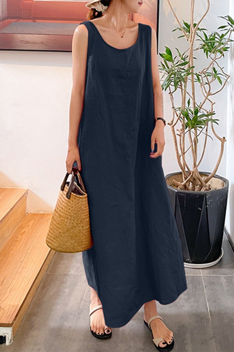 Casual Simplicity Solid Pocket O Neck Sleeveless Dress Dresses