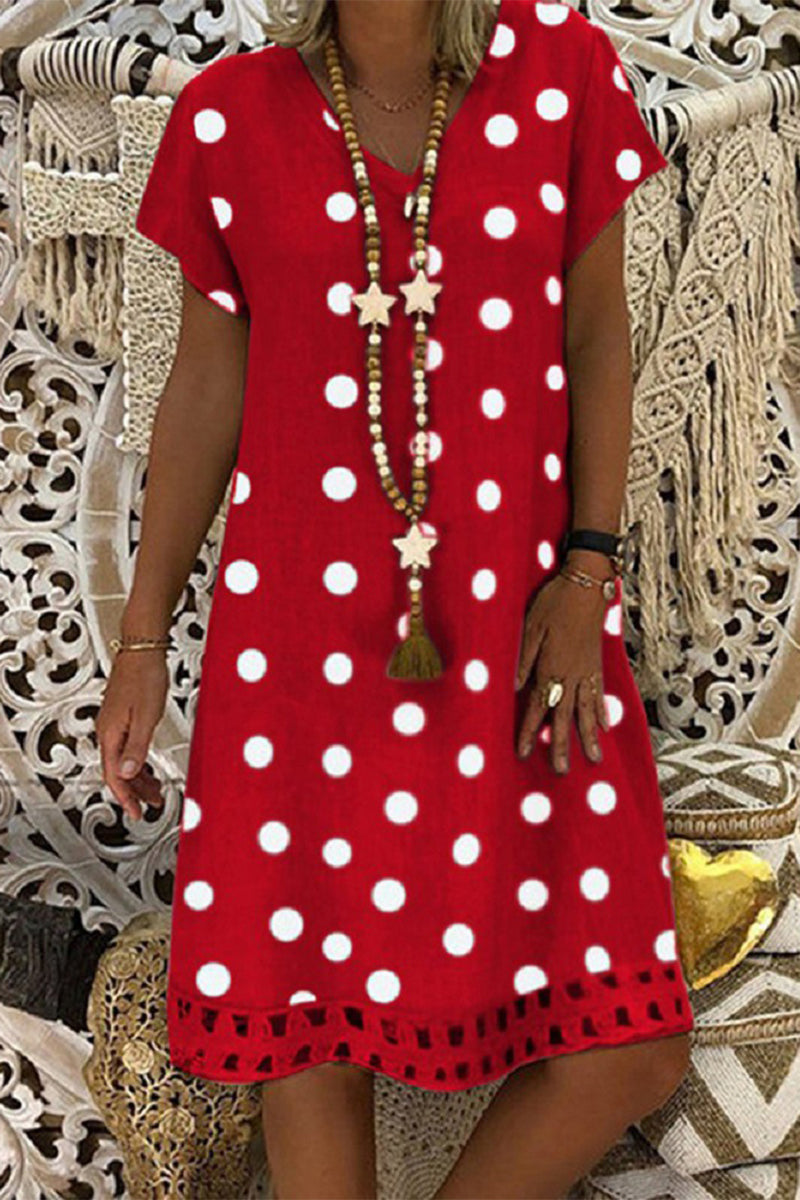 Women V-Neck Short Sleeve Hollow Polka Dot Summer Dress