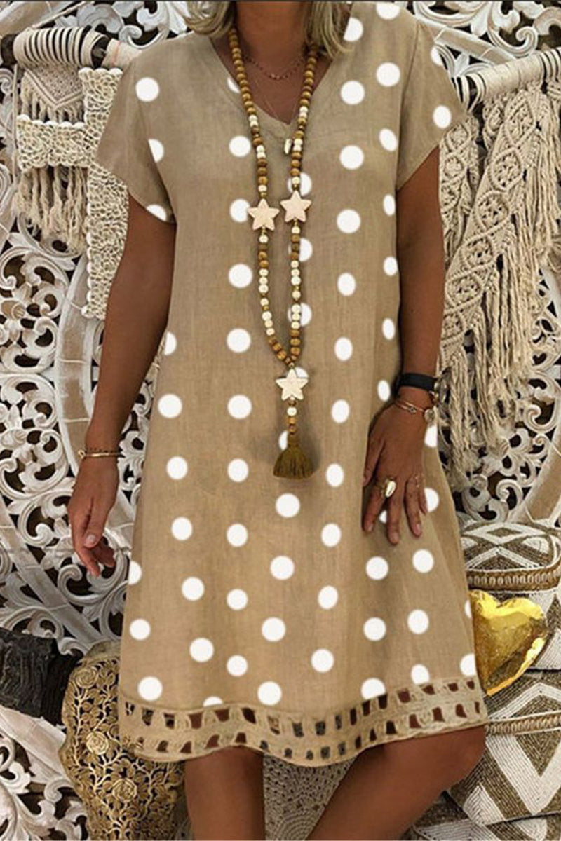 Women V-Neck Short Sleeve Hollow Polka Dot Summer Dress