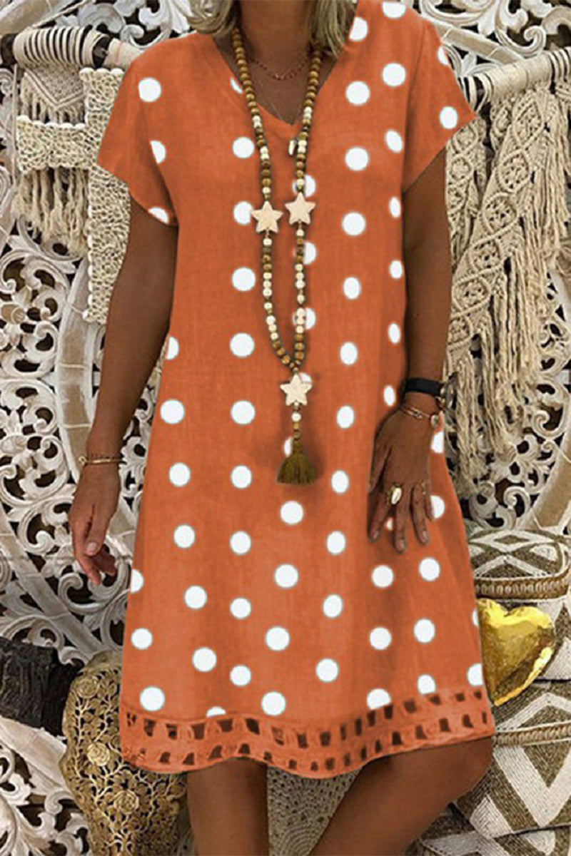 Women V-Neck Short Sleeve Hollow Polka Dot Summer Dress