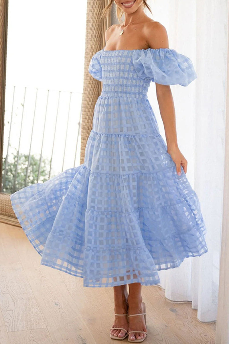 Sweet Elegant Solid Mesh Off the Shoulder Cake Skirt Dresses