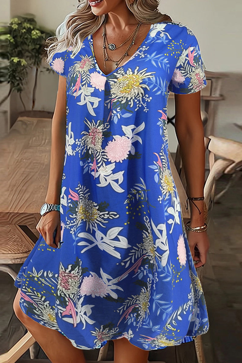 Casual Print Patchwork V Neck A Line Short Sleeve Dress