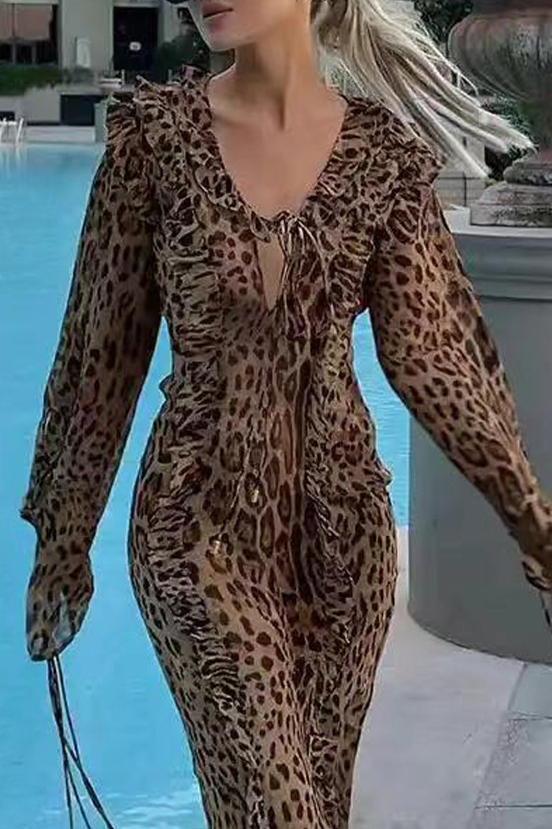 Sexy Celebrities Leopard Flounce Slit V Neck Long Sleeve Dresses