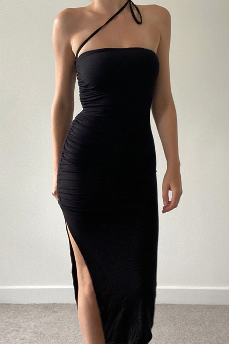 Sexy Solid Draw String Frenulum Slit Strapless Wrapped Skirt Dresses(Wear in a variety of ways)