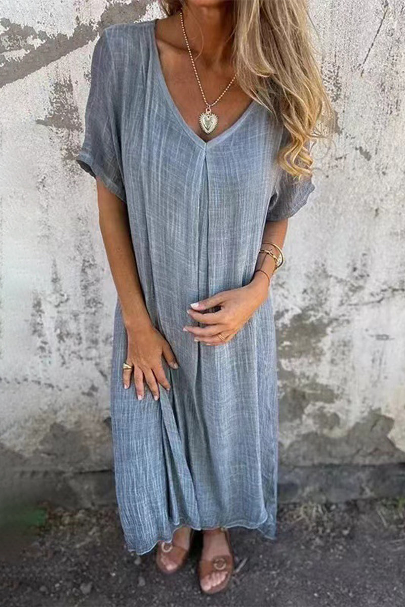 Casual Simplicity Solid Patchwork V Neck Short Sleeve Dress