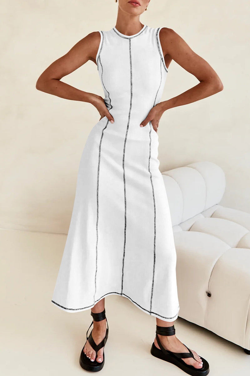 Casual Striped Contrast Weave O Neck Sleeveless Dresses