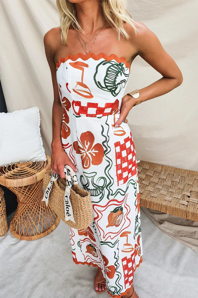 Casual Floral Fold Strapless Printed Dresses