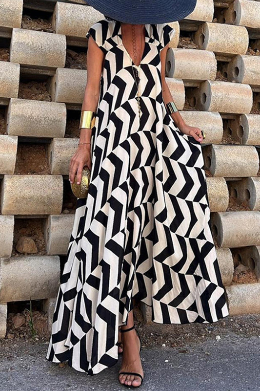 Casual Vintage Geometric Print Ripple Backless Asymmetrical V Neck Printed Dresses