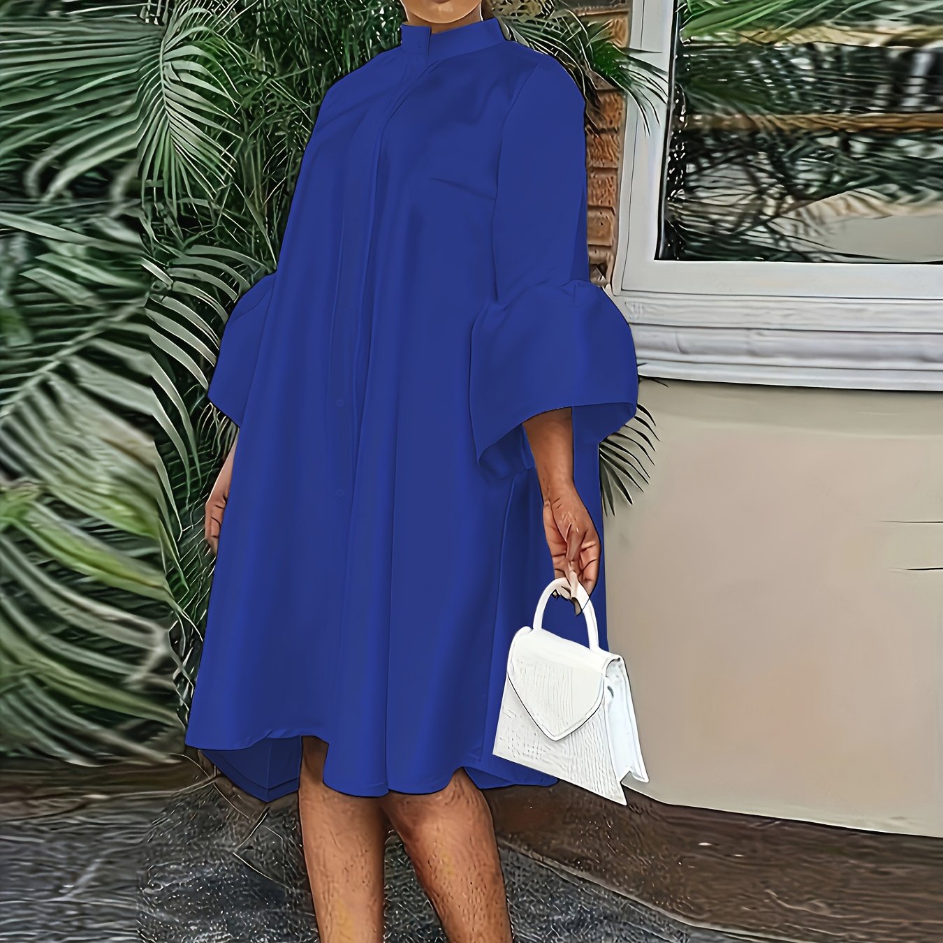 Plus Size Elegant 3/4 Sleeve Midi Dress - Button Front, Crew Neck, Ruffle Cuff, Knee High, Non-Stretch, Woven Polyester, Big-Tall Silhouette, No Belt or Padding, Perfect for All Seasons