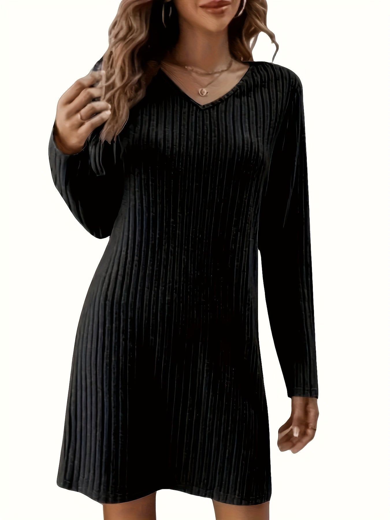 Long Sleeve Above Knee Loose Fit Ribbed Knit Dress - Classic Solid V Neck, Casual Style, Comfortable and Flattering - Womens Daily Wear Clothing