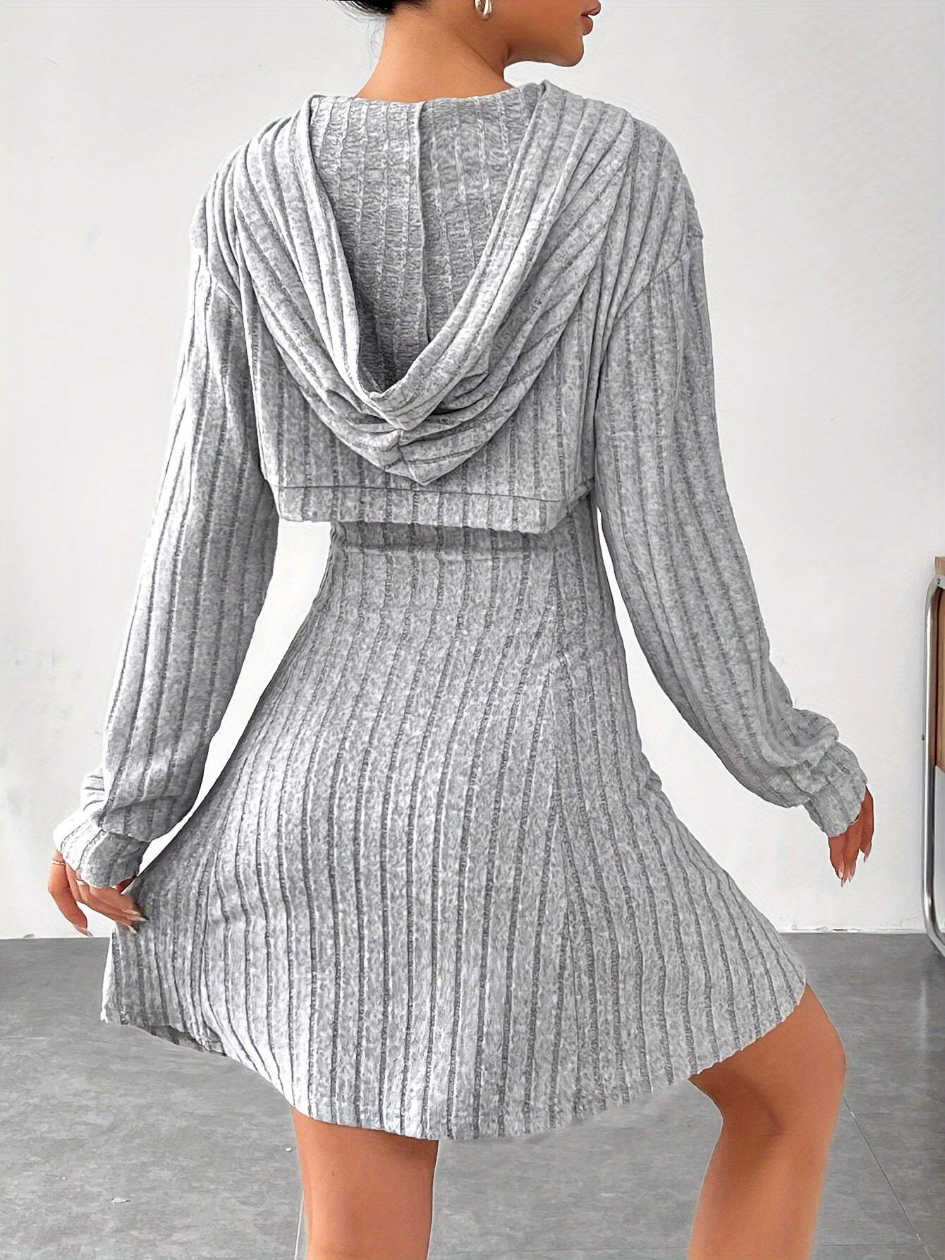 Solid Color Ribbed Dress Set, Long Sleeve Hoodie Shrug Top & Sleeveless Square Neck A-line Tank Dress Outfits, Women's Clothing