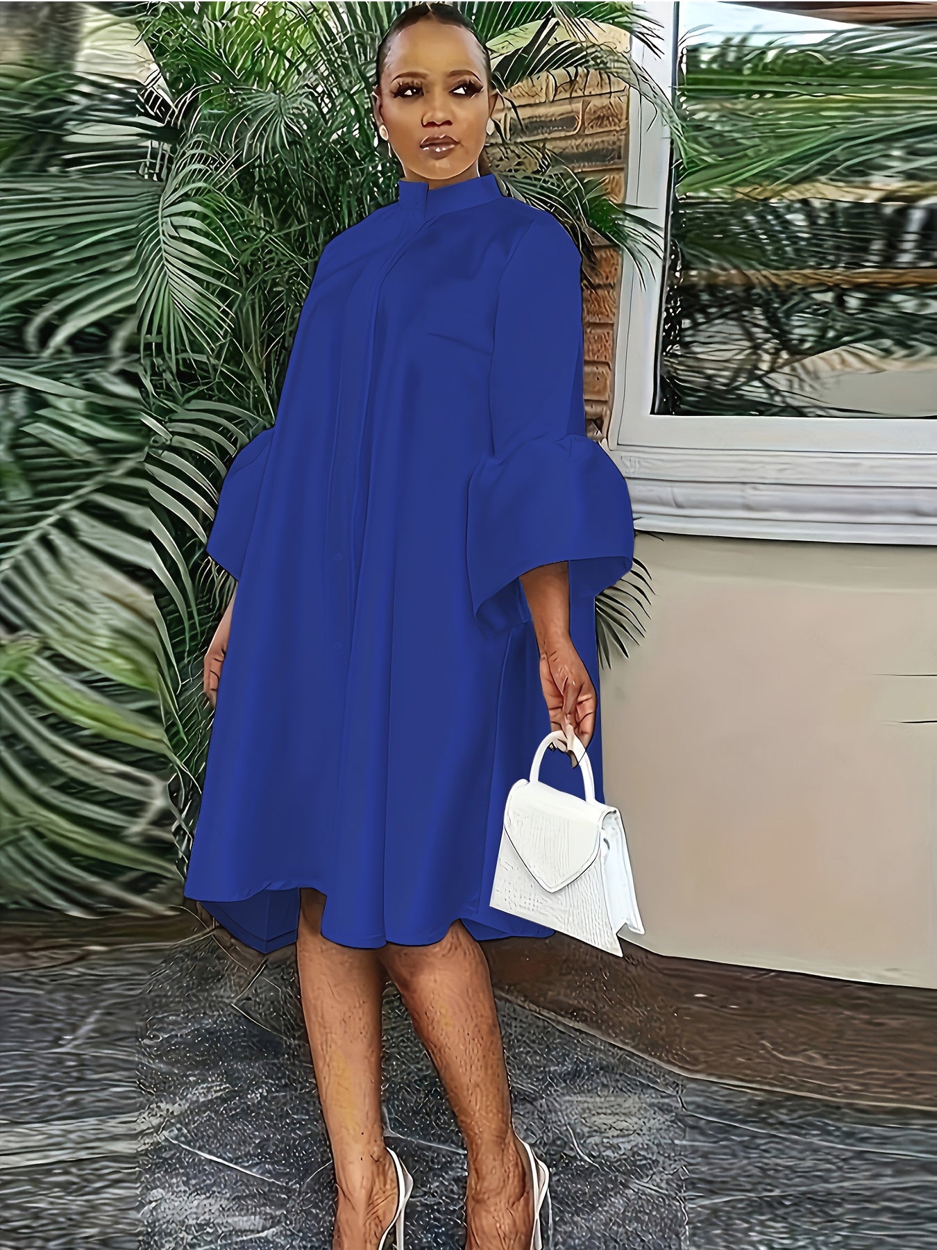 Plus Size Elegant 3/4 Sleeve Midi Dress - Button Front, Crew Neck, Ruffle Cuff, Knee High, Non-Stretch, Woven Polyester, Big-Tall Silhouette, No Belt or Padding, Perfect for All Seasons