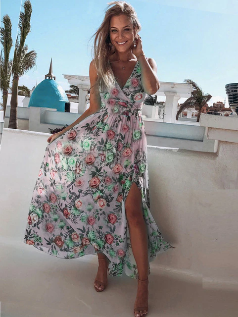 lovwvol Summer Chiffon Long Dress Women Elegant Ladies Fashion Print Boho Beach Midi Dresses For Woman Sexy Split Maxi Vestidos