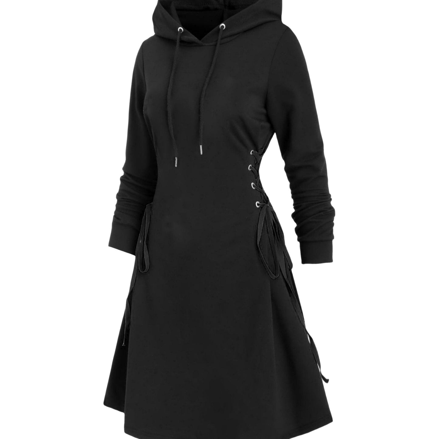 Plus Size Gothic Hooded Sweatshirt Dress - Lace-Up Side Drawstring, Elegant & Comfy, Machine Washable