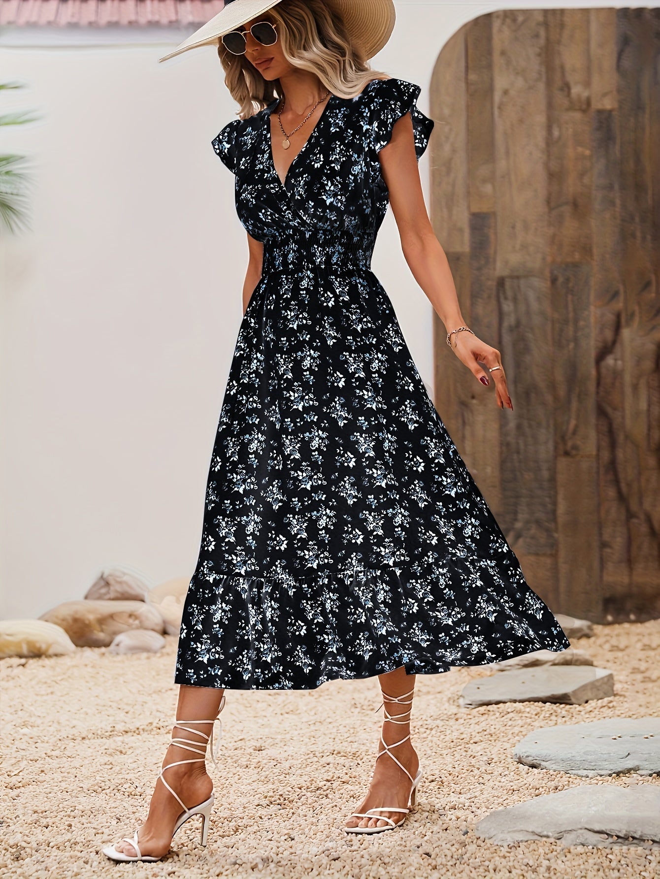 Flirty Floral Print Maxi Dress - Flattering Shirred Waist, Delicate Ruffle Trim, Alluring Surplice Neckline - Timeless Elegant Style for Women