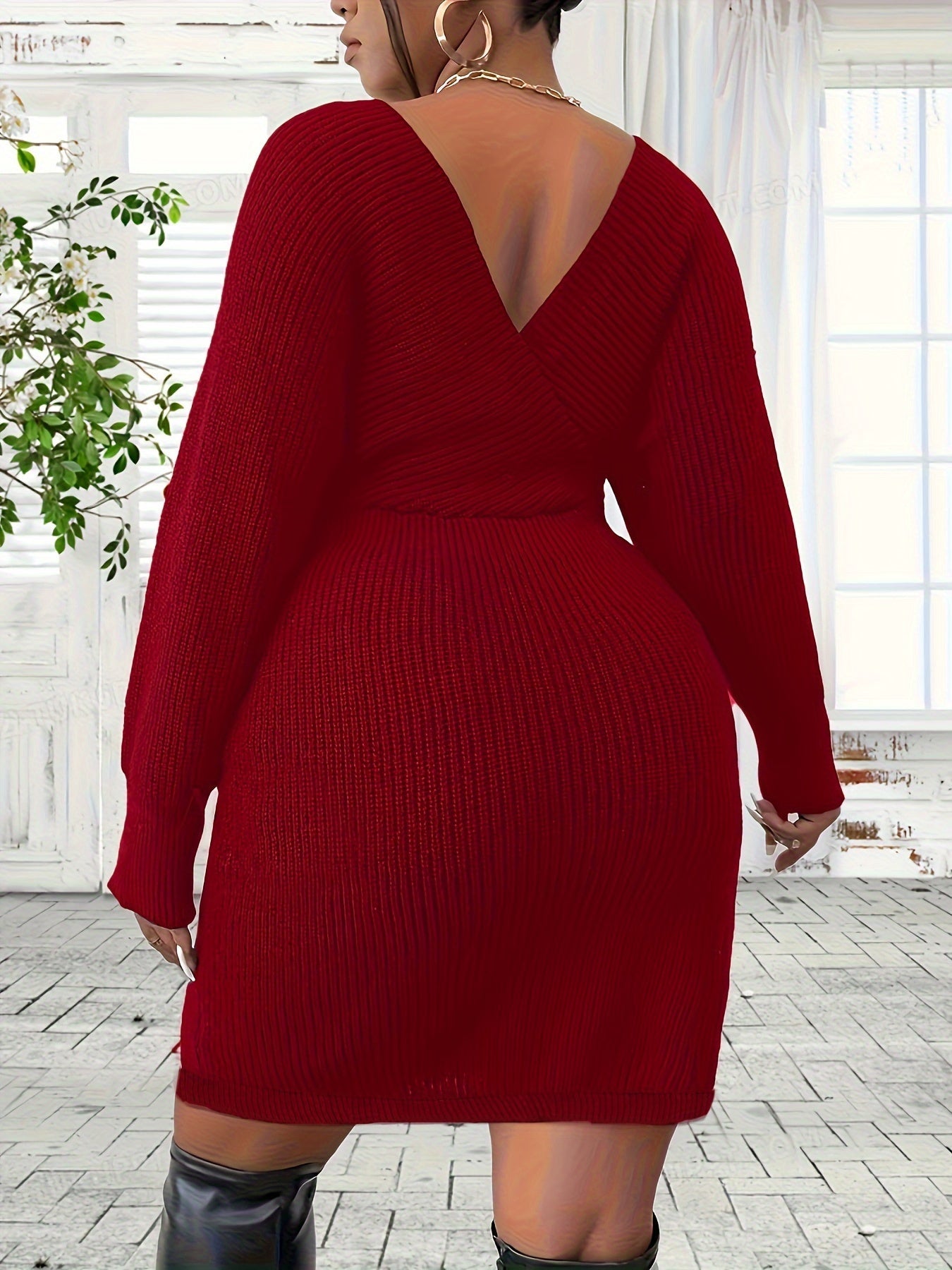 Plus Size Bodycon Mini Dress - V-Neck, Backless, Slight Stretch, Elegant Polyester Knit Fabric - Fall/Winter Solid Color, No Printing, No Sheer