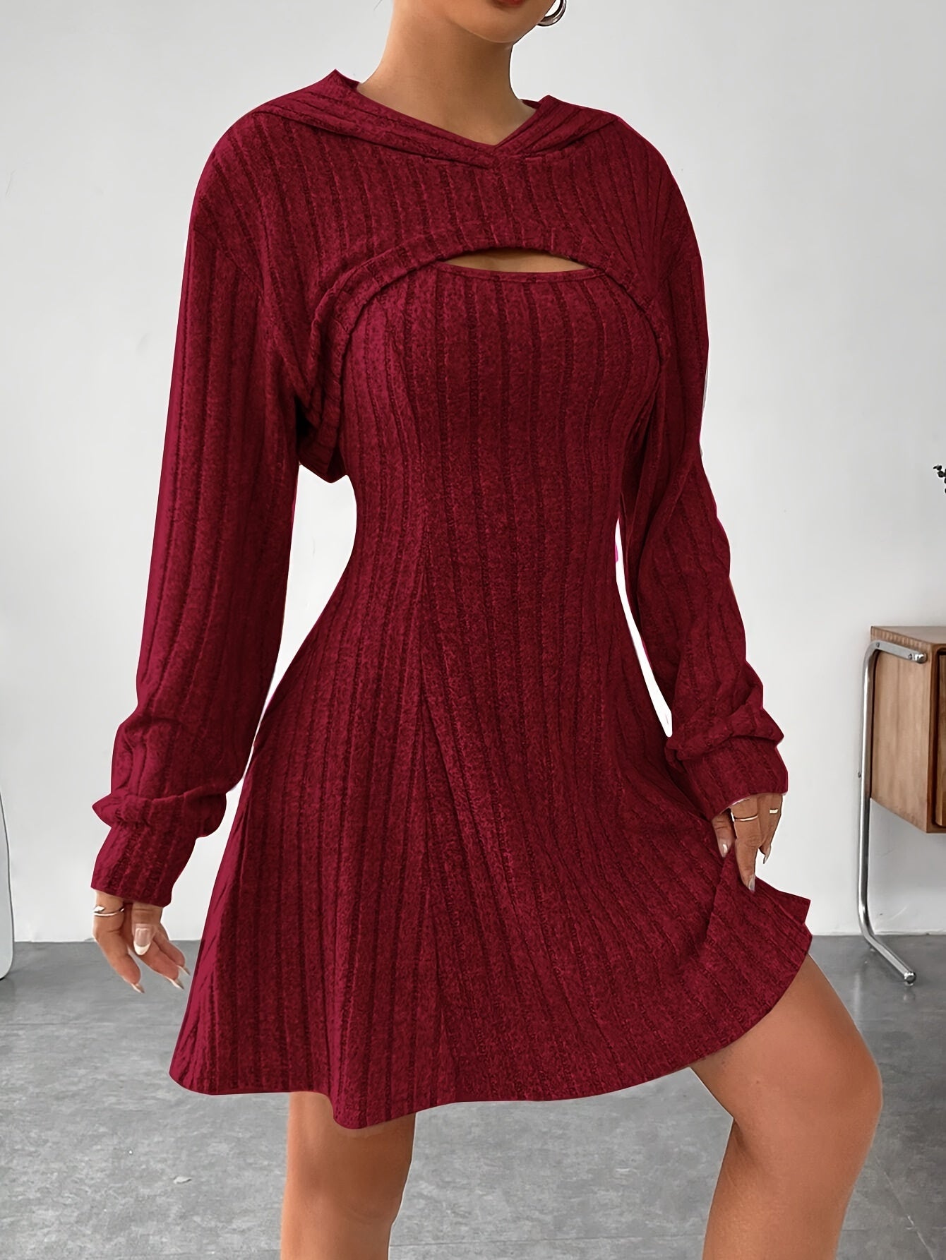 Solid Color Ribbed Dress Set, Long Sleeve Hoodie Shrug Top & Sleeveless Square Neck A-line Tank Dress Outfits, Women's Clothing