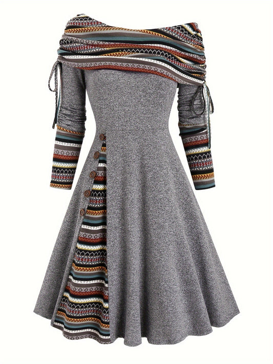 Chic Off-Shoulder Striped Dress - Adjustable Drawstring Fit, Perfect for Any Occasion