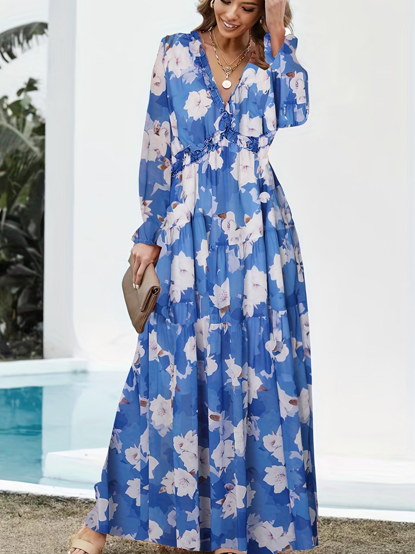 Romantic Floral Print Maxi Dress - Flowy Pleats & Modest V-Neck - Versatile Long Sleeves for Vacation Style - Womens Clothing