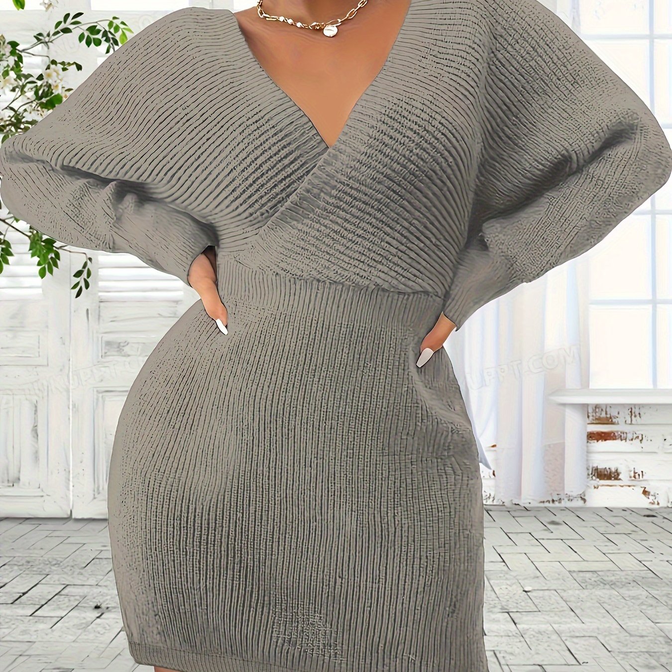 Plus Size Bodycon Mini Dress - V-Neck, Backless, Slight Stretch, Elegant Polyester Knit Fabric - Fall/Winter Solid Color, No Printing, No Sheer