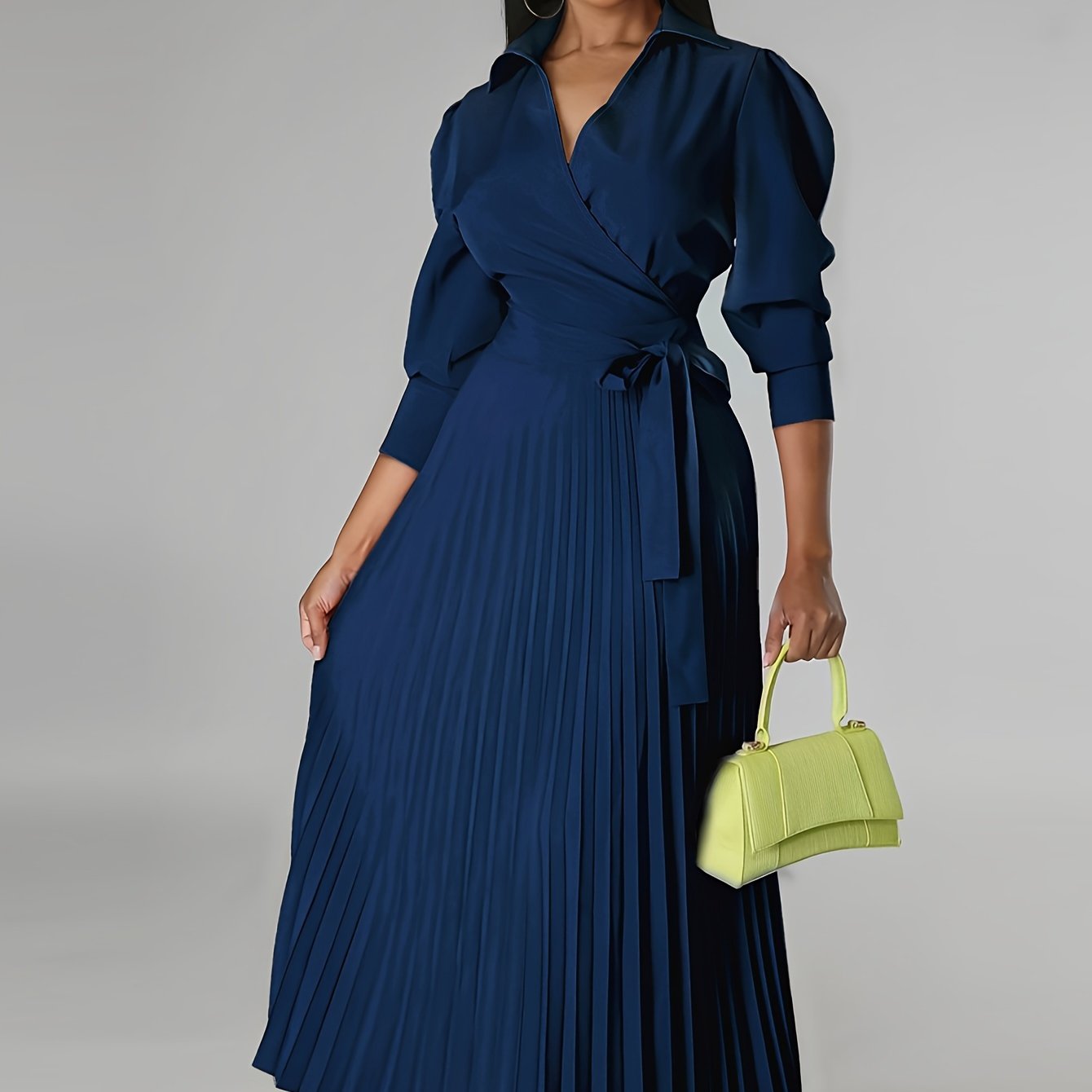 Stunning Solid Pleated Elegant Dress - 3/4 Sleeve, Knotted V Neck, Flowy, Chic, Women's Clothing for Work, Party, Daily Wear - High-Quality Fabric, Comfortable, Easy Care