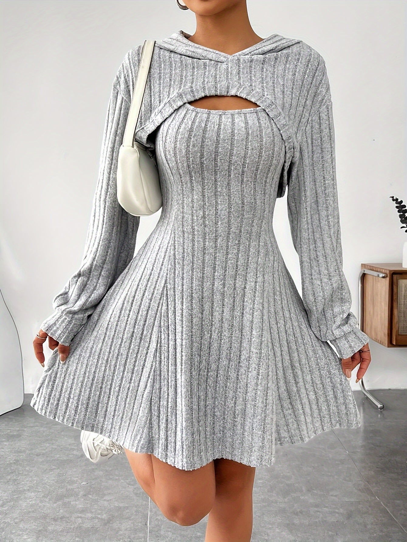 Solid Color Ribbed Dress Set, Long Sleeve Hoodie Shrug Top & Sleeveless Square Neck A-line Tank Dress Outfits, Women's Clothing