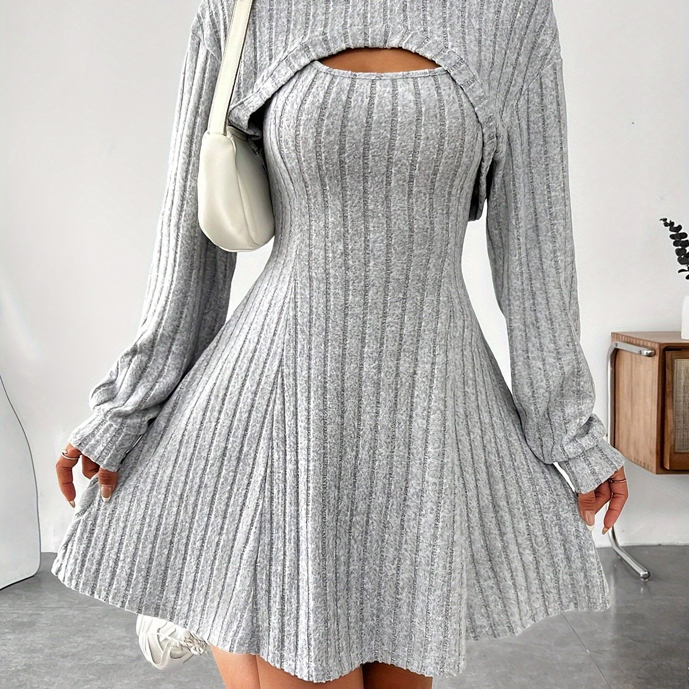 Solid Color Ribbed Dress Set, Long Sleeve Hoodie Shrug Top & Sleeveless Square Neck A-line Tank Dress Outfits, Women's Clothing