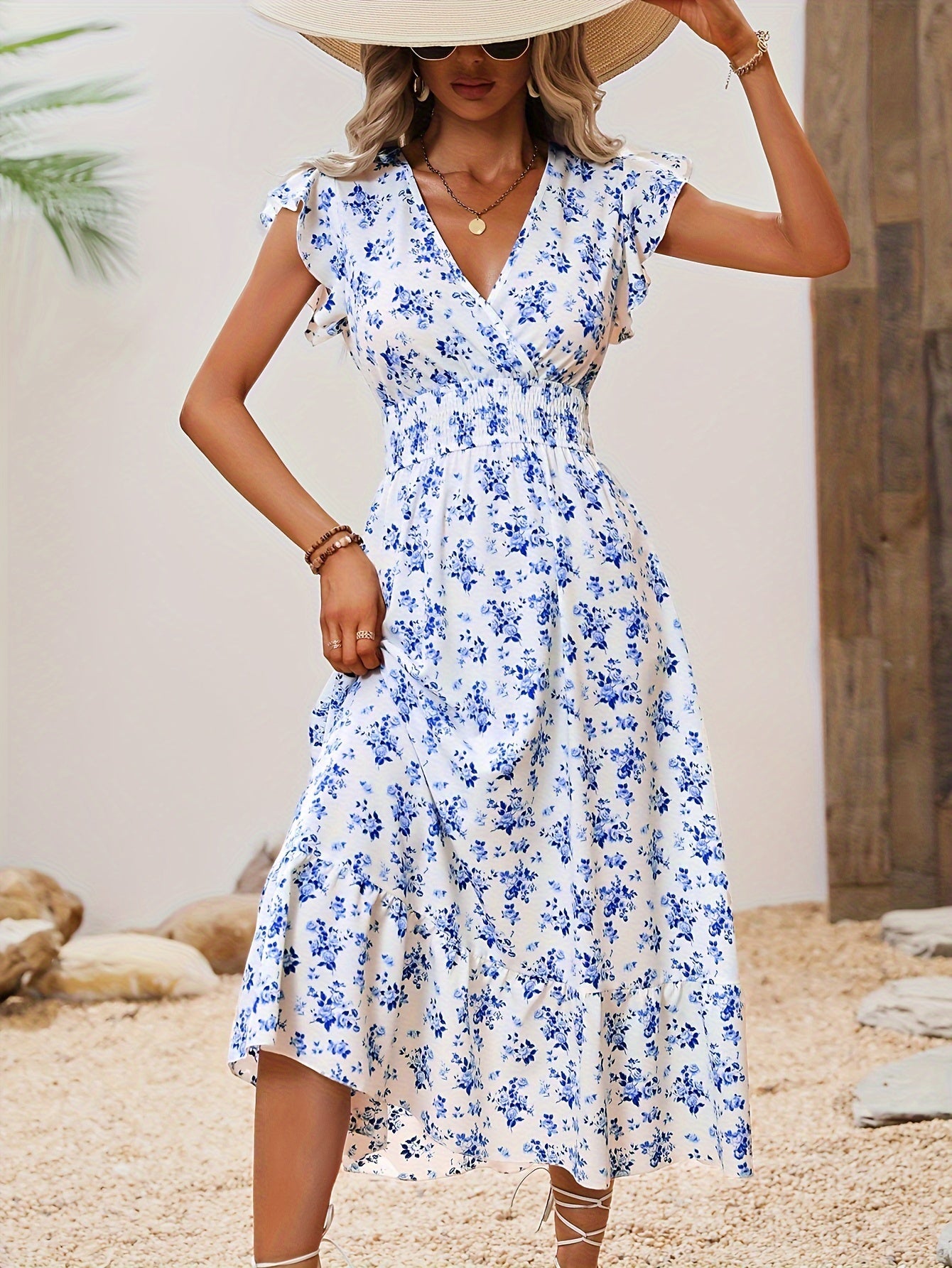 Flirty Floral Print Maxi Dress - Flattering Shirred Waist, Delicate Ruffle Trim, Alluring Surplice Neckline - Timeless Elegant Style for Women