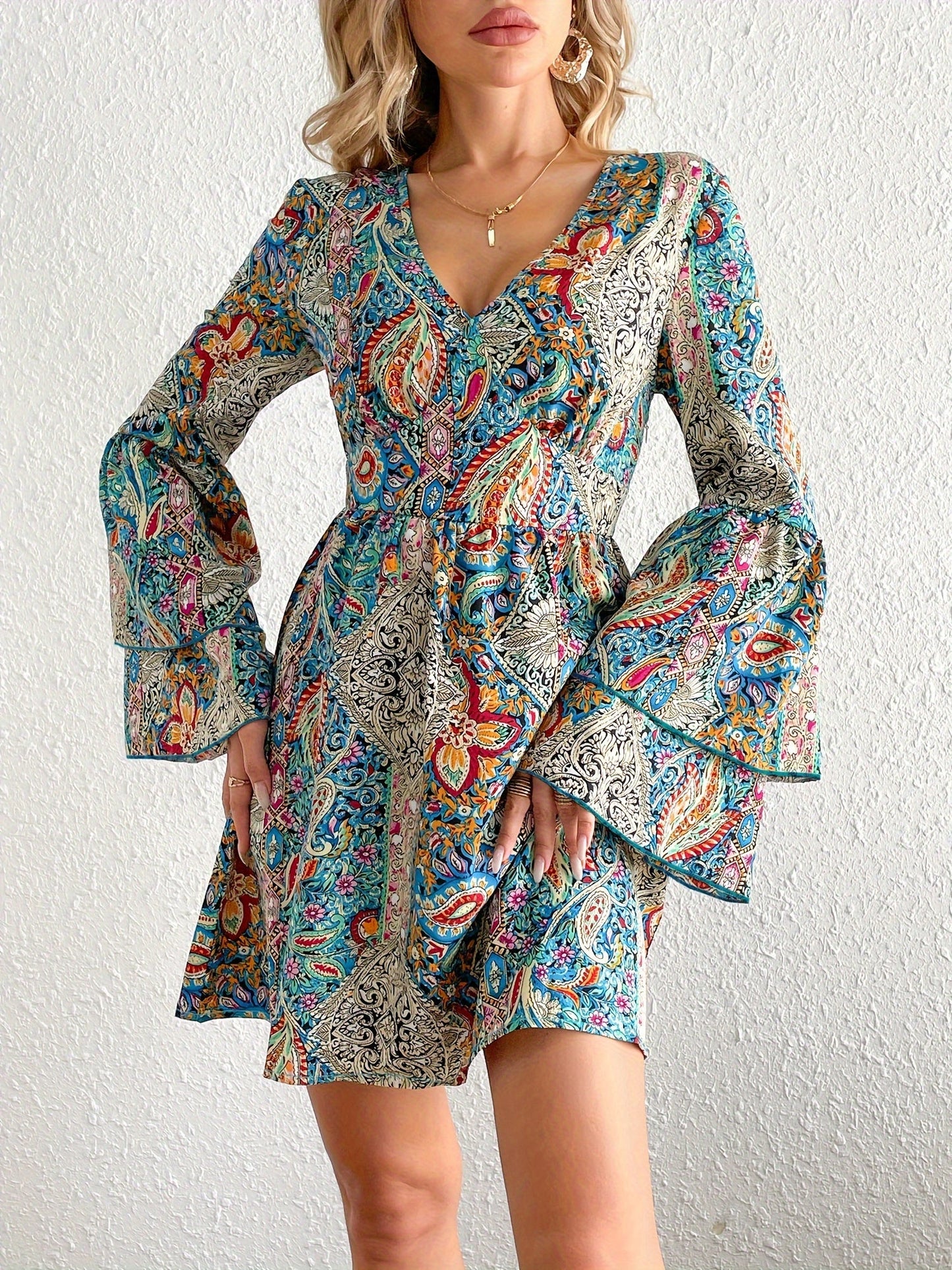 Boho-Inspired All-Season Midi Dress - Unique Floral Paisley, Durable & Easy-Care, Perfect for Every Occasion