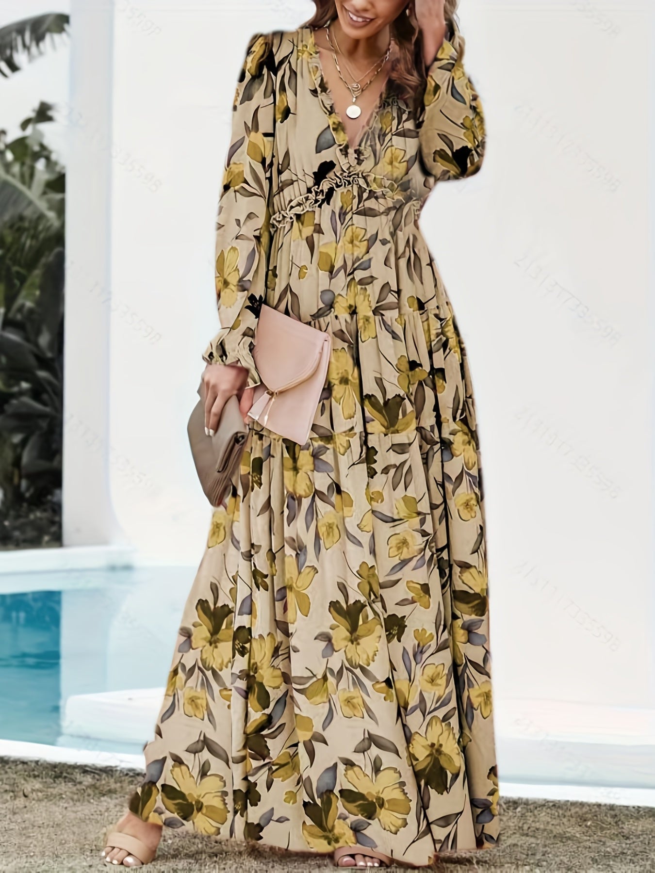 Romantic Floral Print Maxi Dress - Flowy Pleats & Modest V-Neck - Versatile Long Sleeves for Vacation Style - Womens Clothing