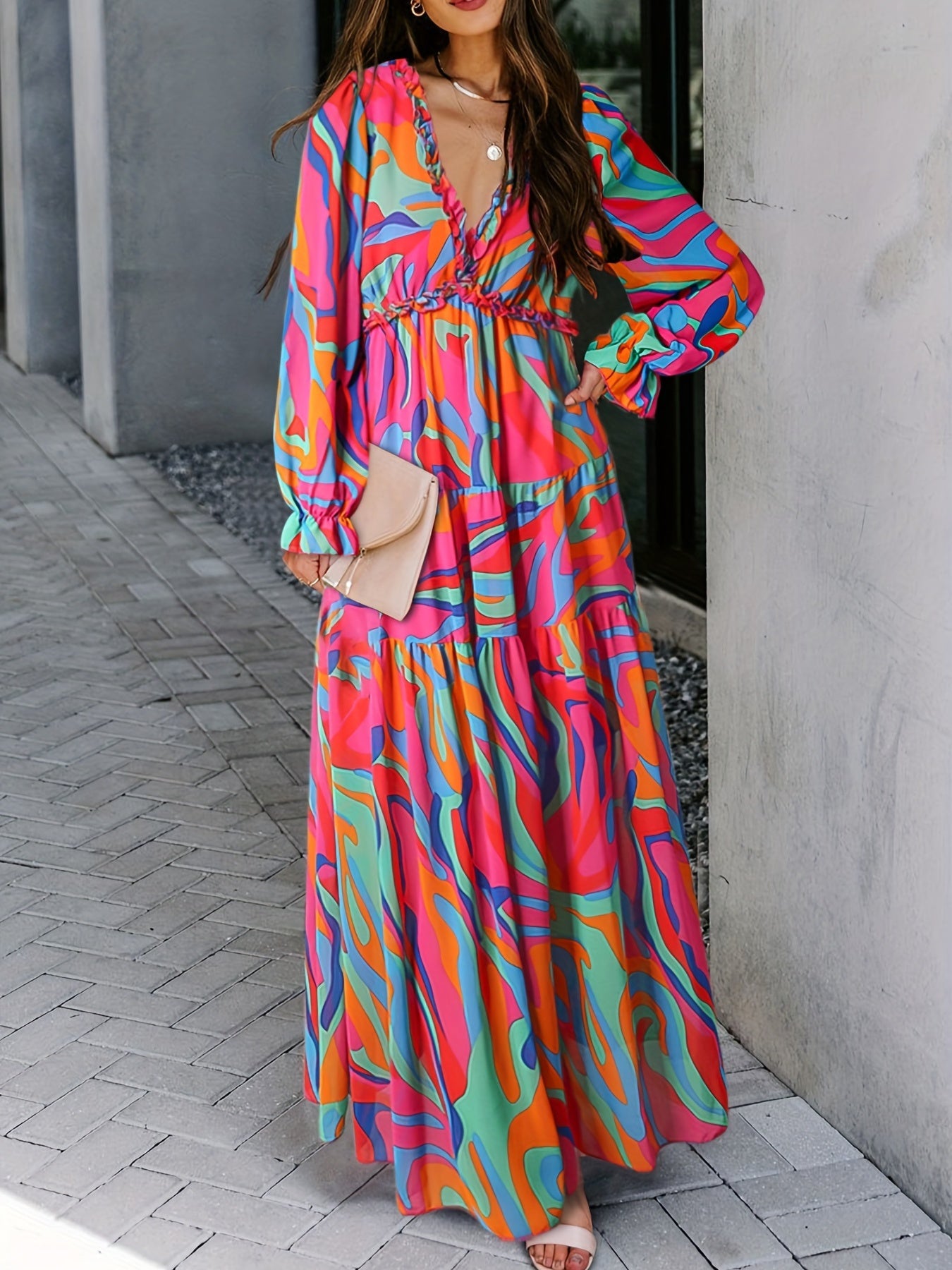 Romantic Floral Print Maxi Dress - Flowy Pleats & Modest V-Neck - Versatile Long Sleeves for Vacation Style - Womens Clothing