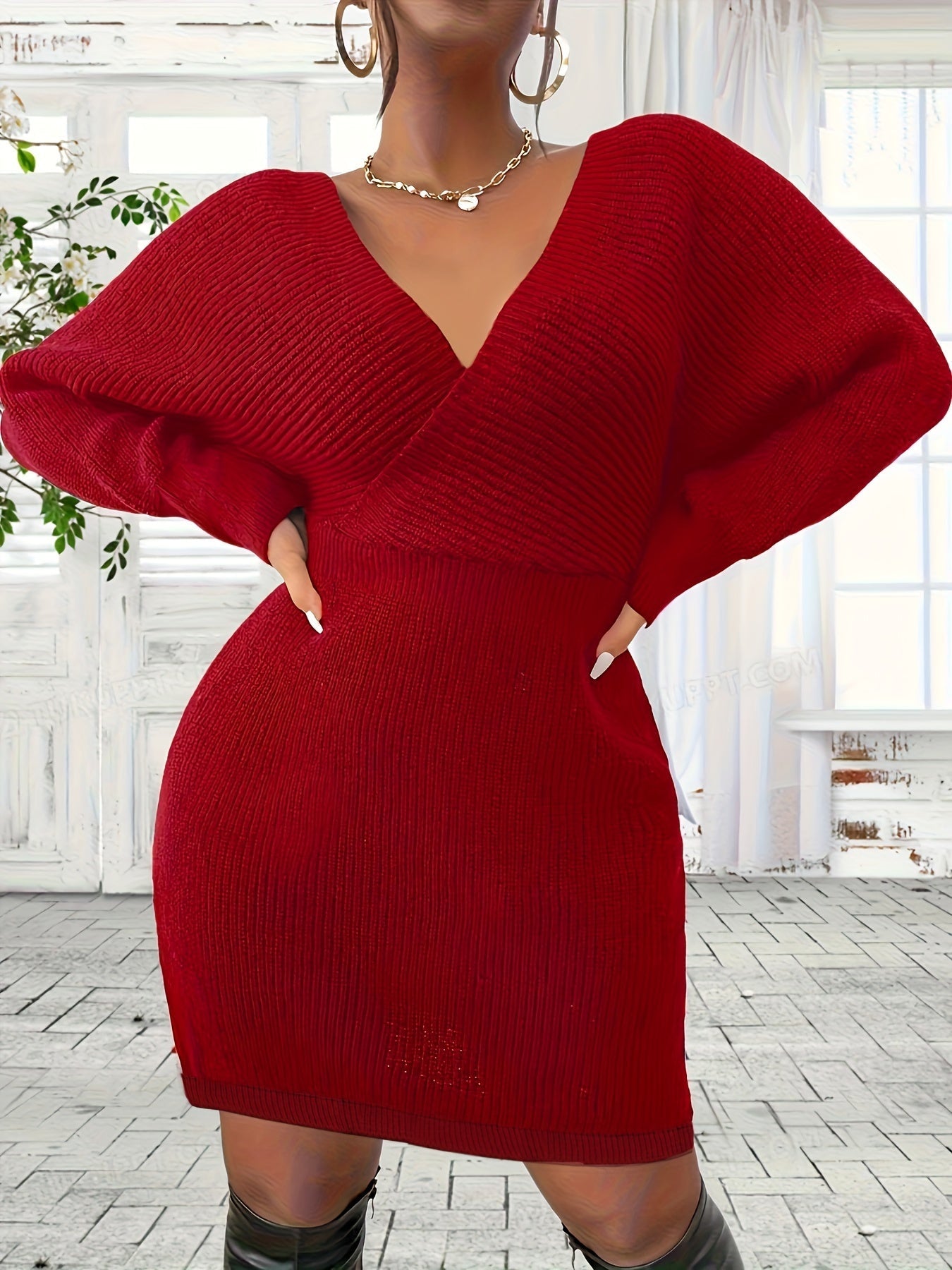 Plus Size Bodycon Mini Dress - V-Neck, Backless, Slight Stretch, Elegant Polyester Knit Fabric - Fall/Winter Solid Color, No Printing, No Sheer