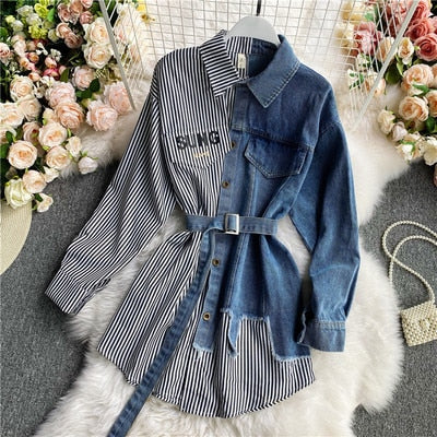 Women's Blouse Autumn Long Sleeve Shirt Tops Jeans Patchwork Plaid Blouses Elegantes Blusas para mujer Slim Shirt Dress