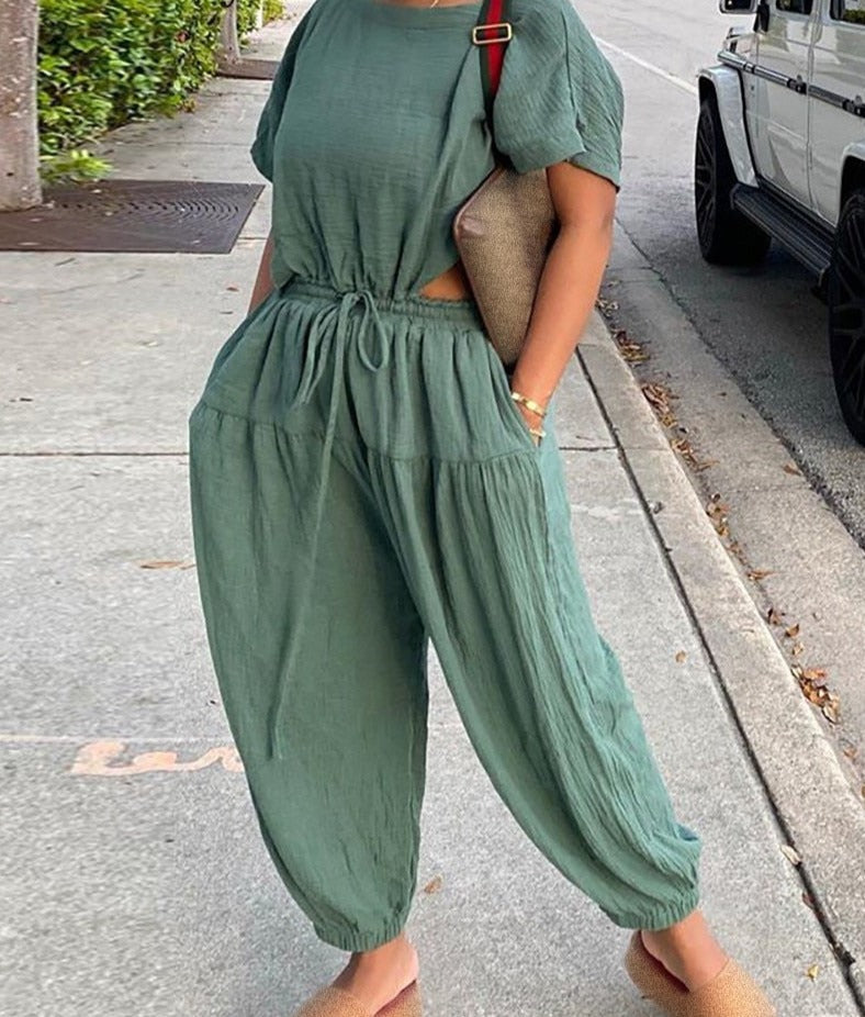 mvrsgreen alt black girl going out?classic style women edgy style church outfit brunch outfit cute spring outfits Women Short Sleeve Top and Pocket Design Drawstring Harem Pants 2pcs Set